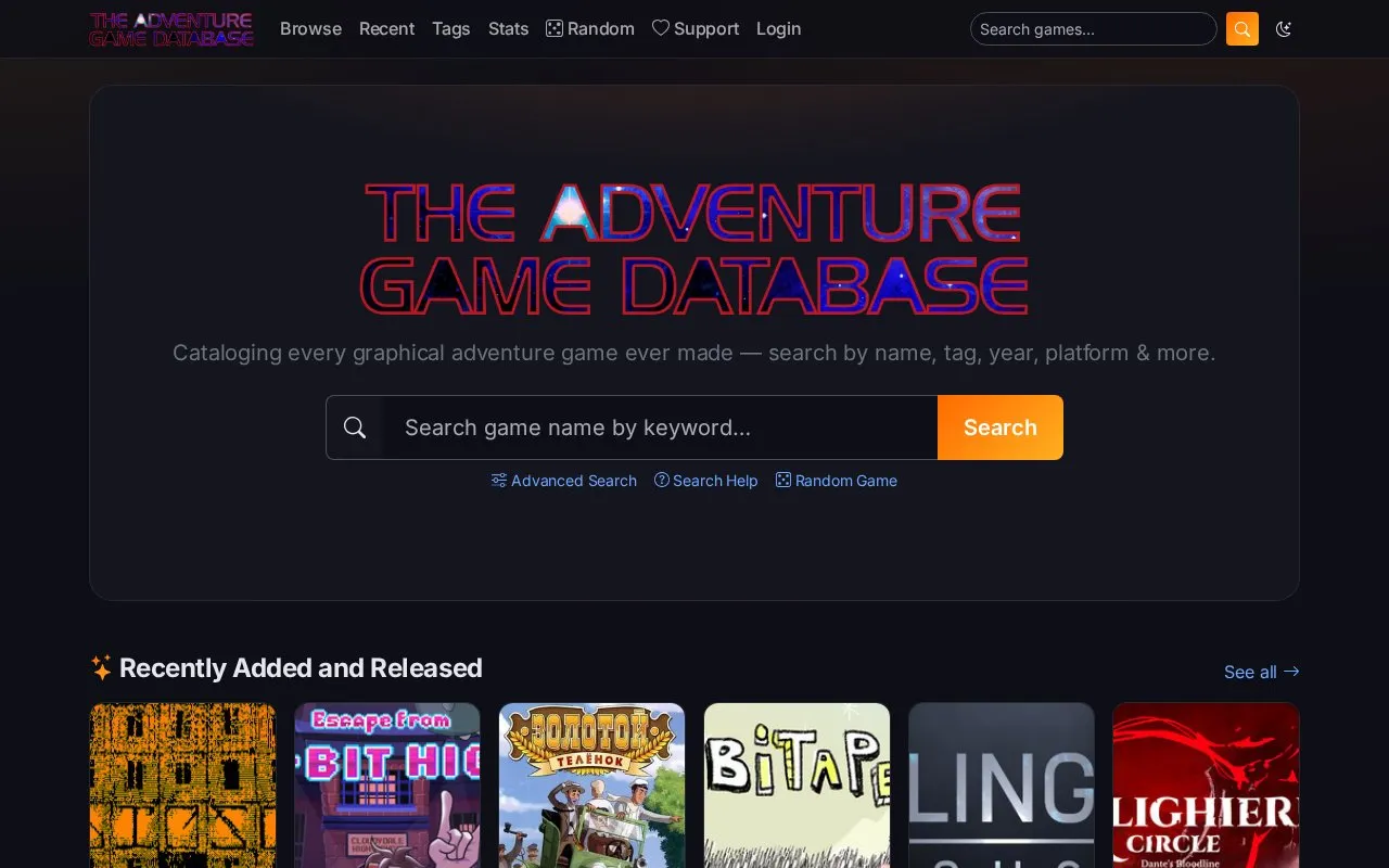 The Adventure Game Database homepage screenshot