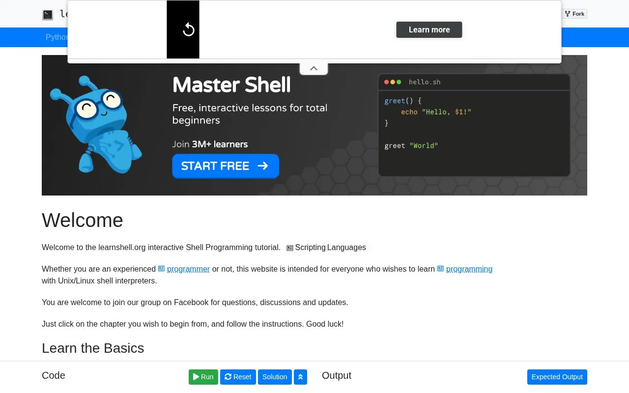 Learn Shell homepage screenshot