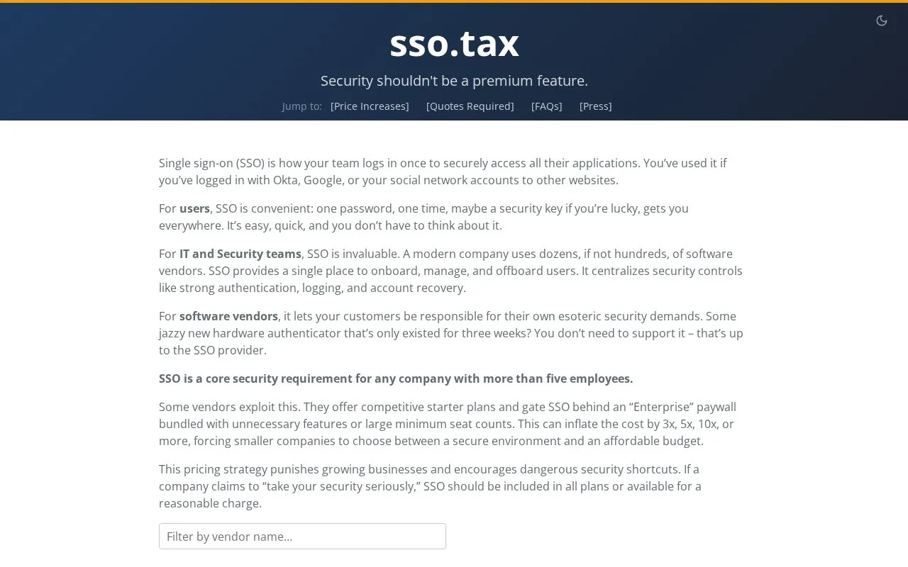 The SSO Wall of Shame homepage screenshot