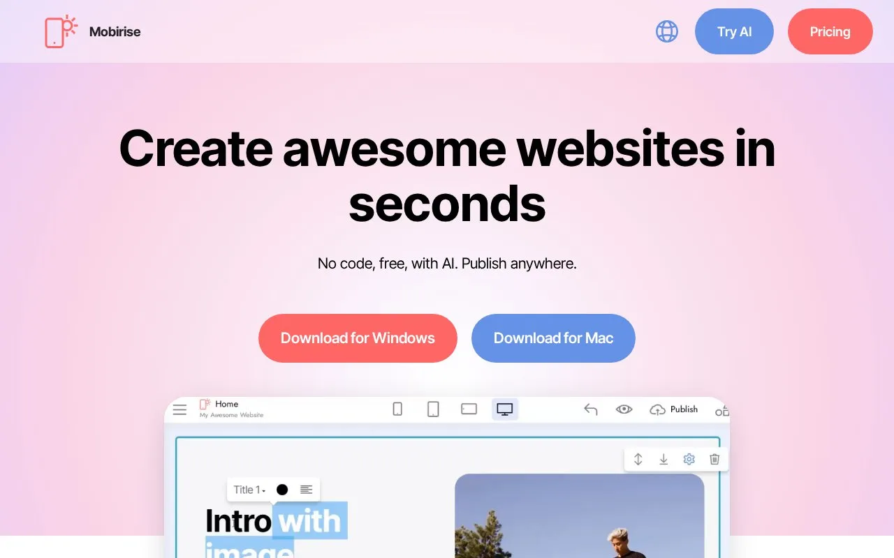 Mobirise homepage screenshot