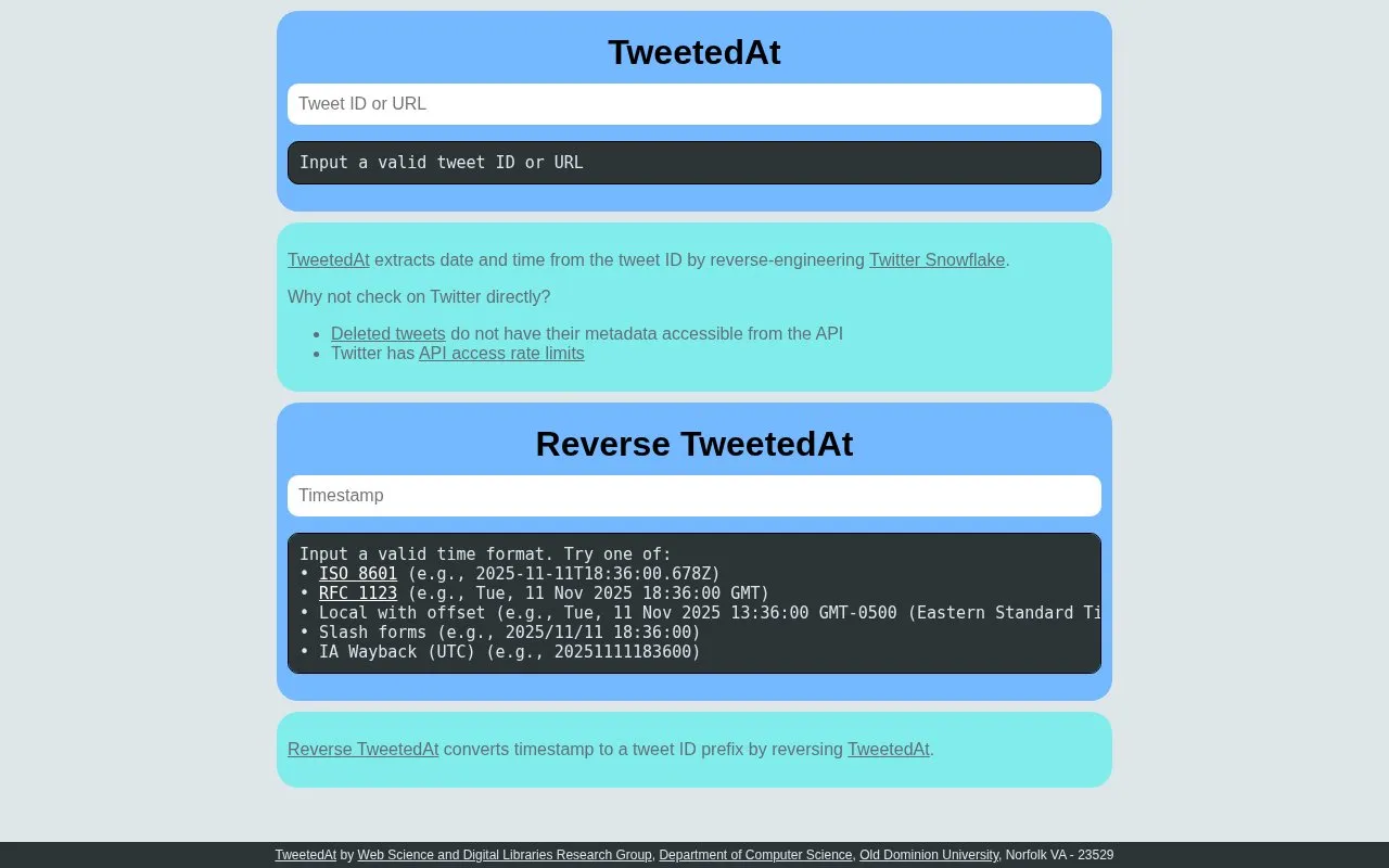 TweetedAt homepage screenshot