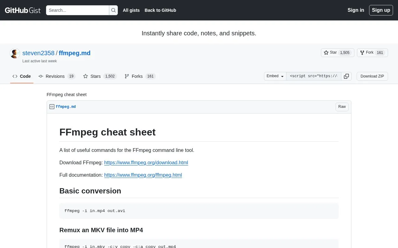 FFmpeg Cheat Sheet homepage screenshot