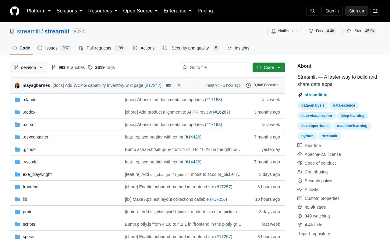 Streamlit homepage screenshot