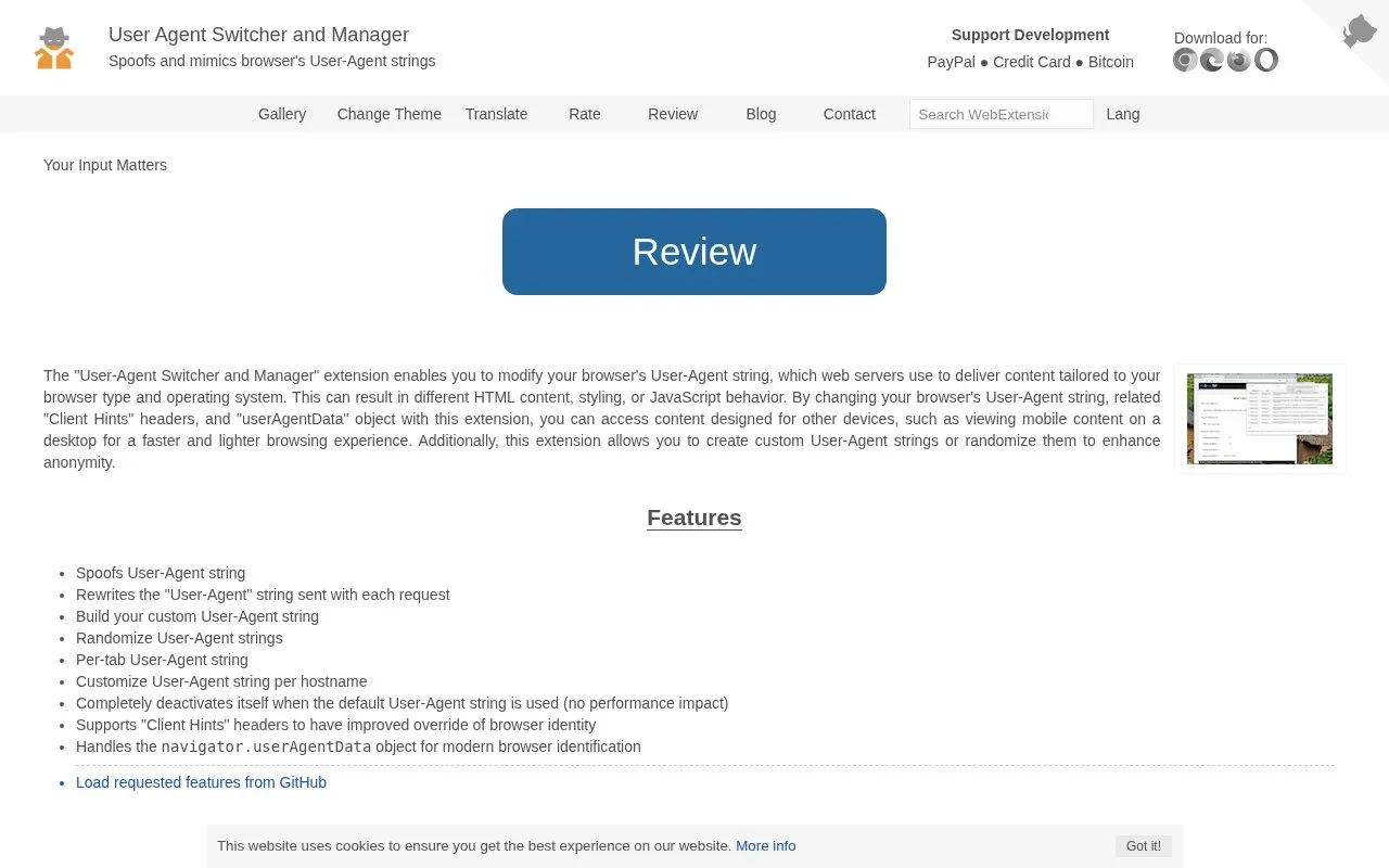 User Agent Switcher homepage screenshot