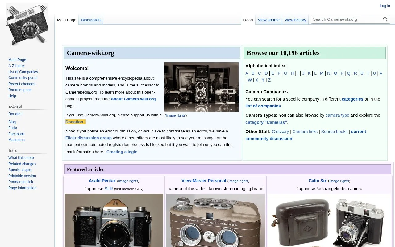 Camera Wiki homepage screenshot