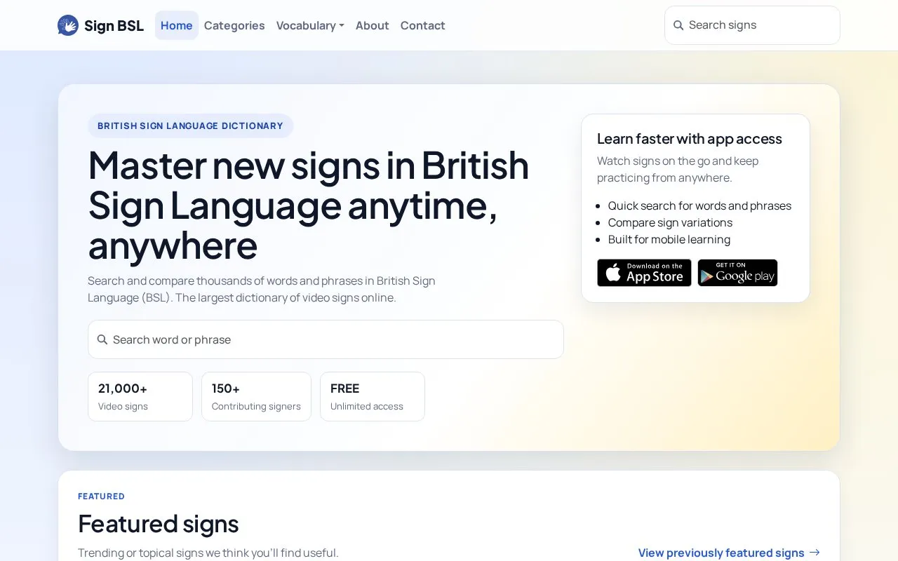 BSL Dictionary homepage screenshot