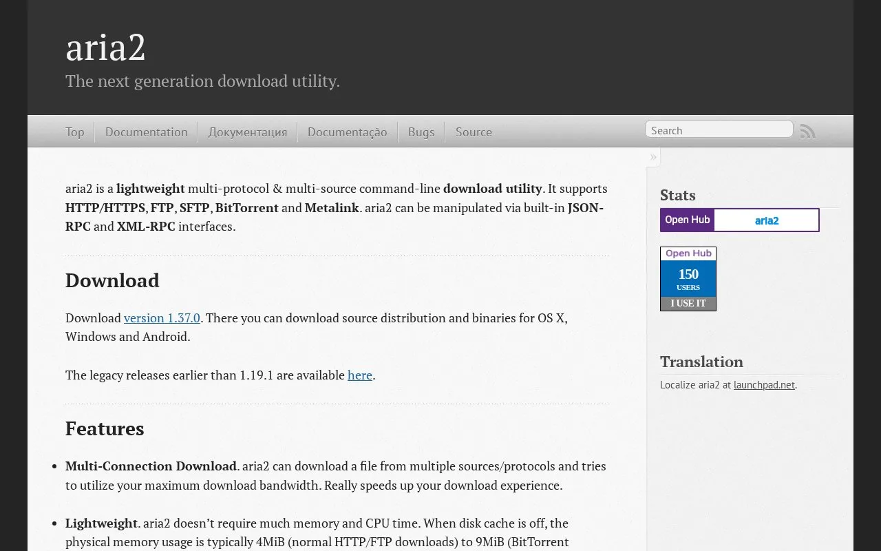 Aria2 homepage screenshot