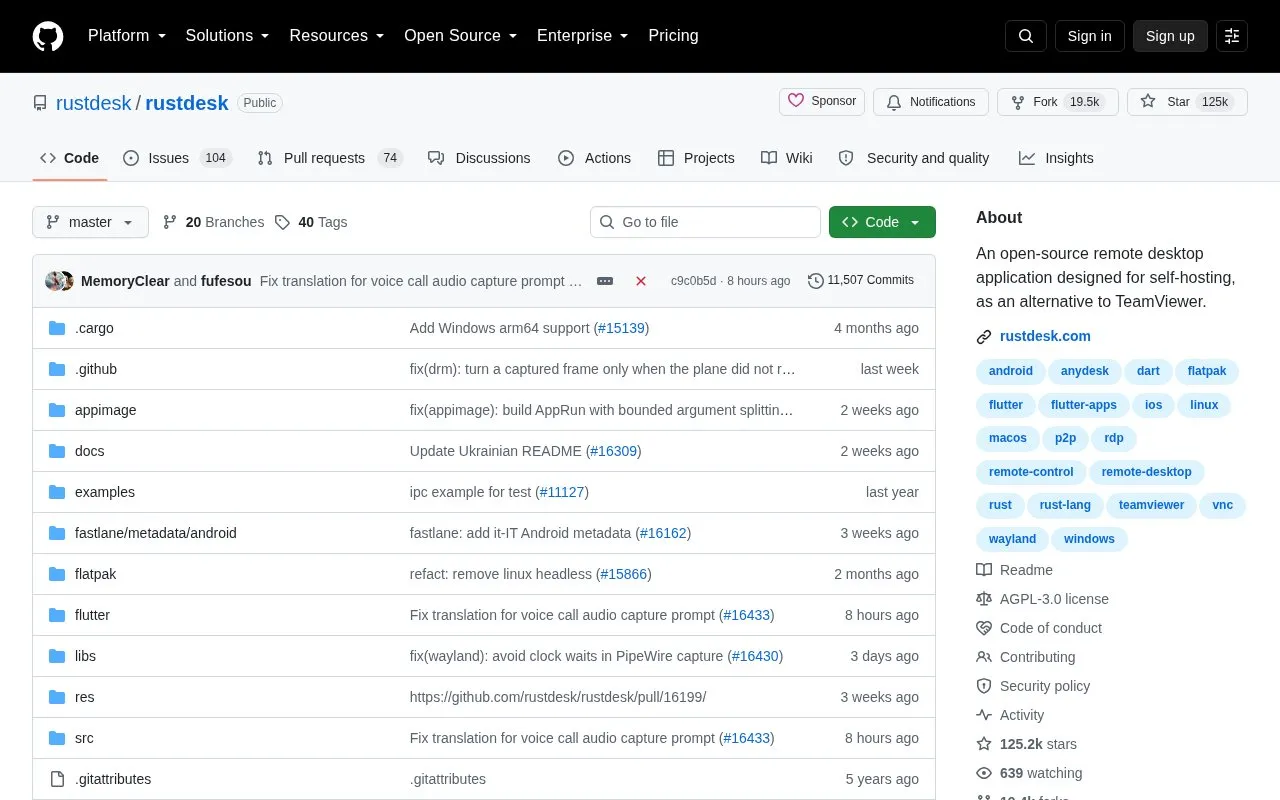 Rustdesk homepage screenshot