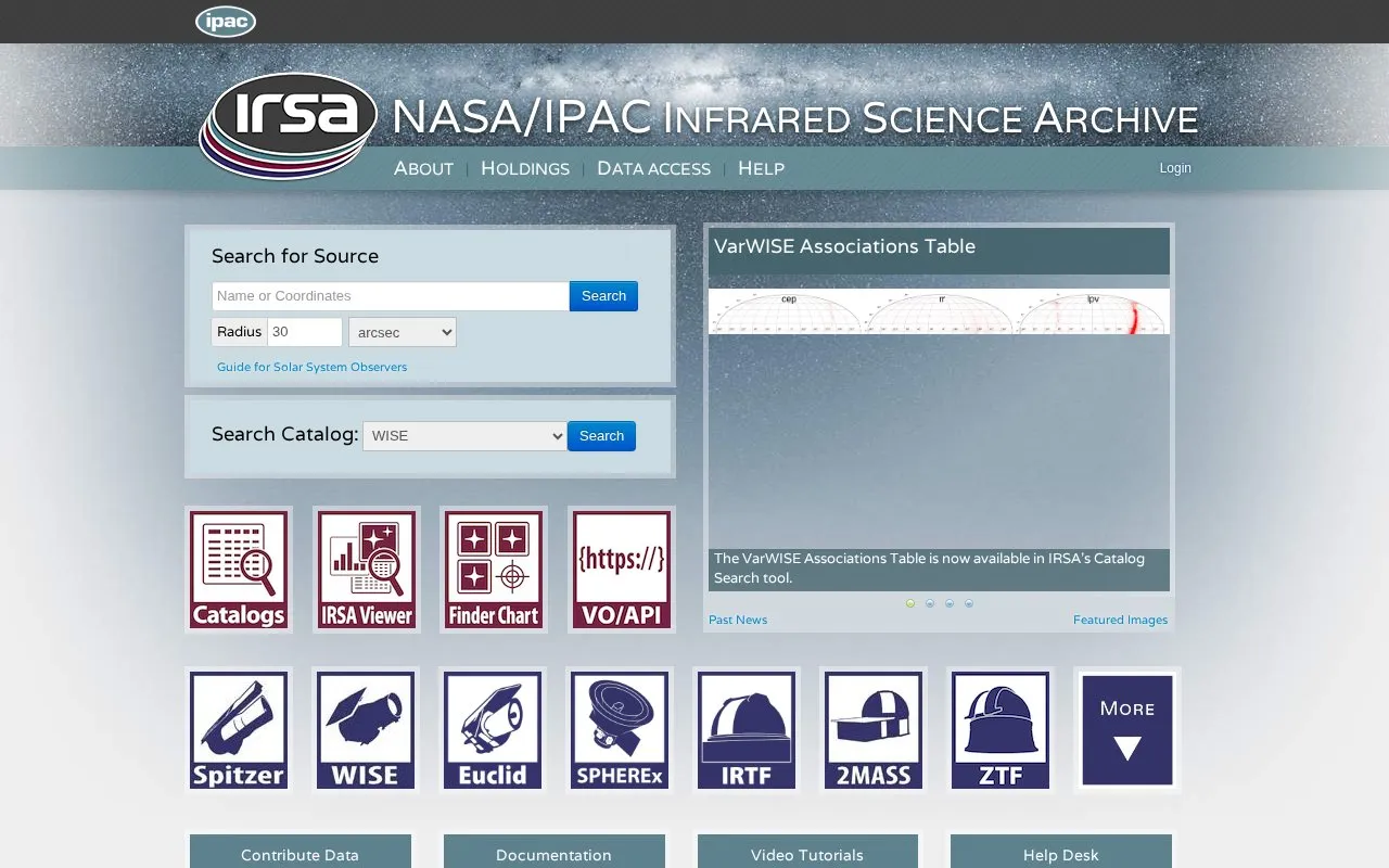 NASA/IPAC InfraRed Science Archive homepage screenshot