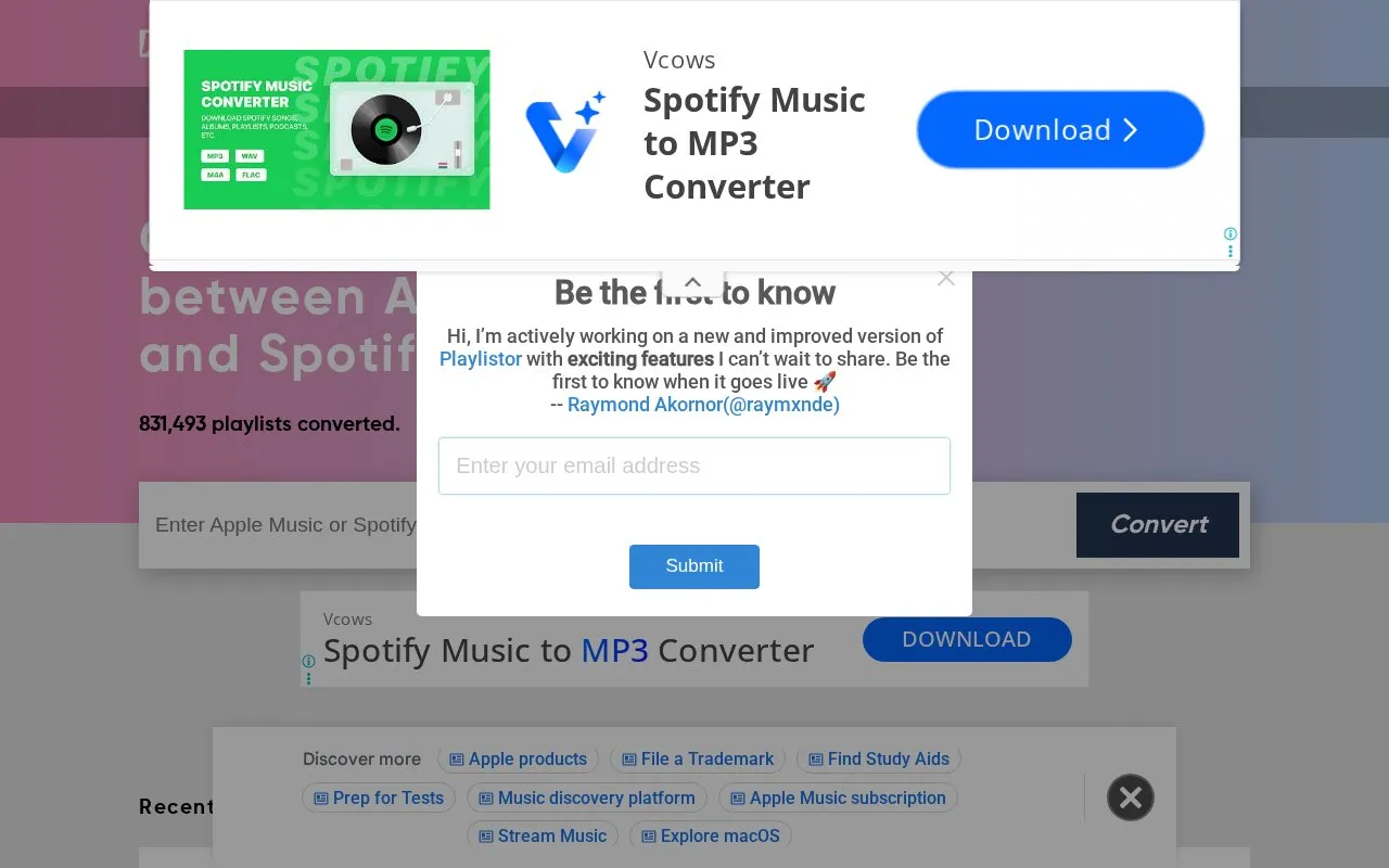 Playlistor homepage screenshot