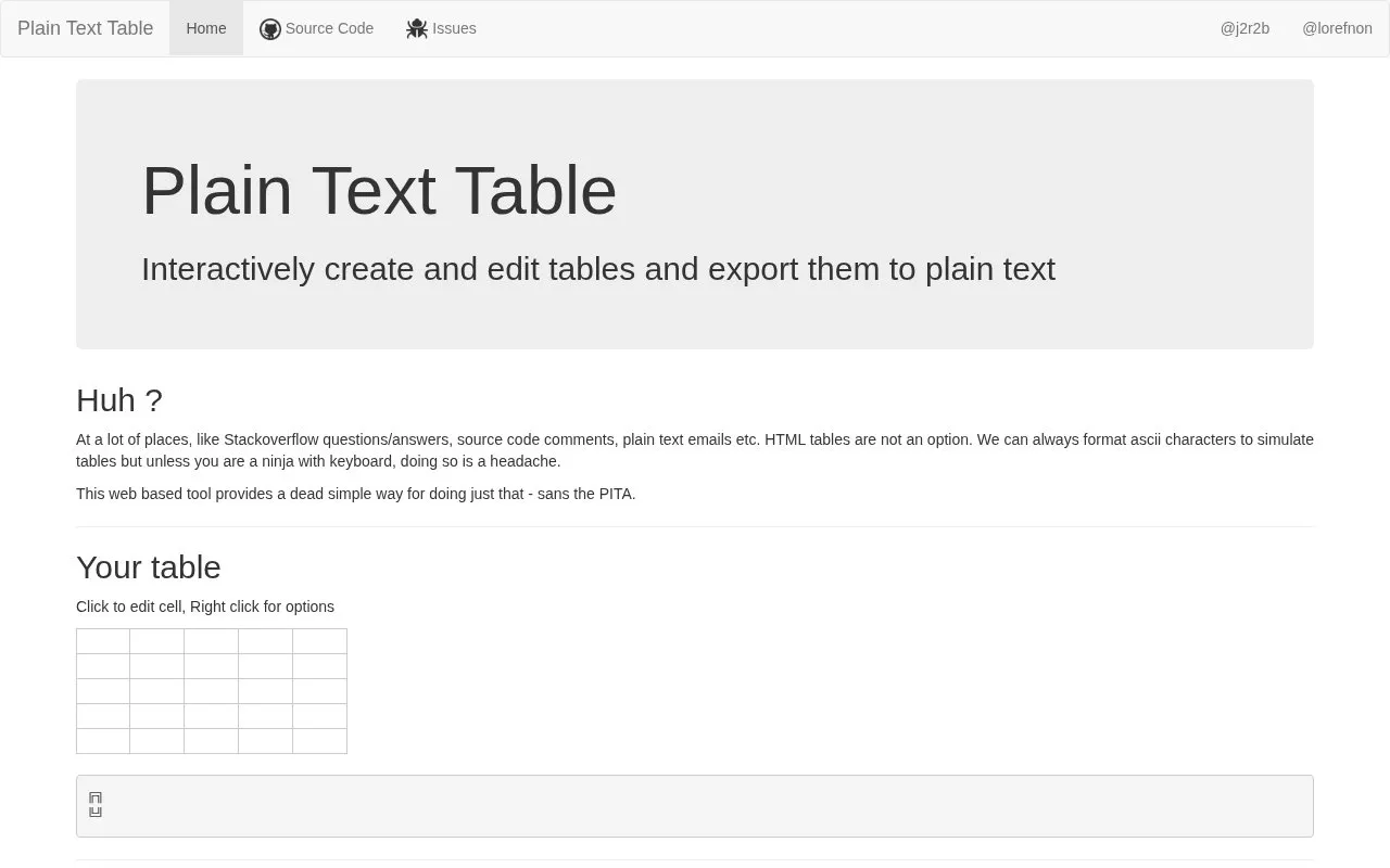Plain Text Table homepage screenshot