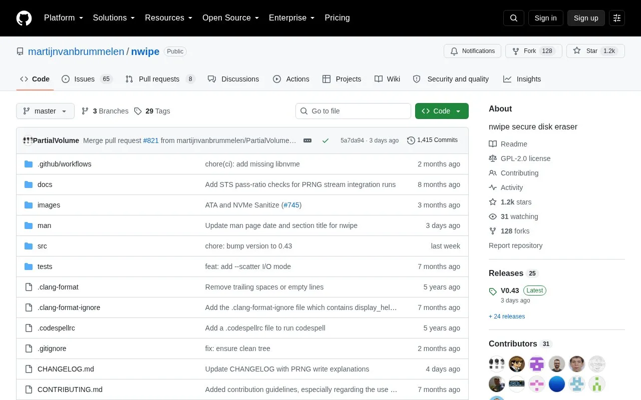 nwipe homepage screenshot