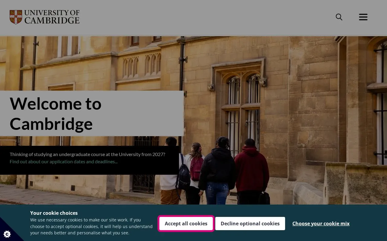 University of Cambridge homepage screenshot