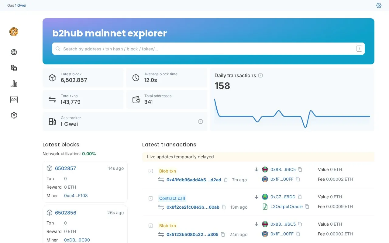B2 Hub Mainnet — B2 Hub Mainnet Explorer homepage screenshot