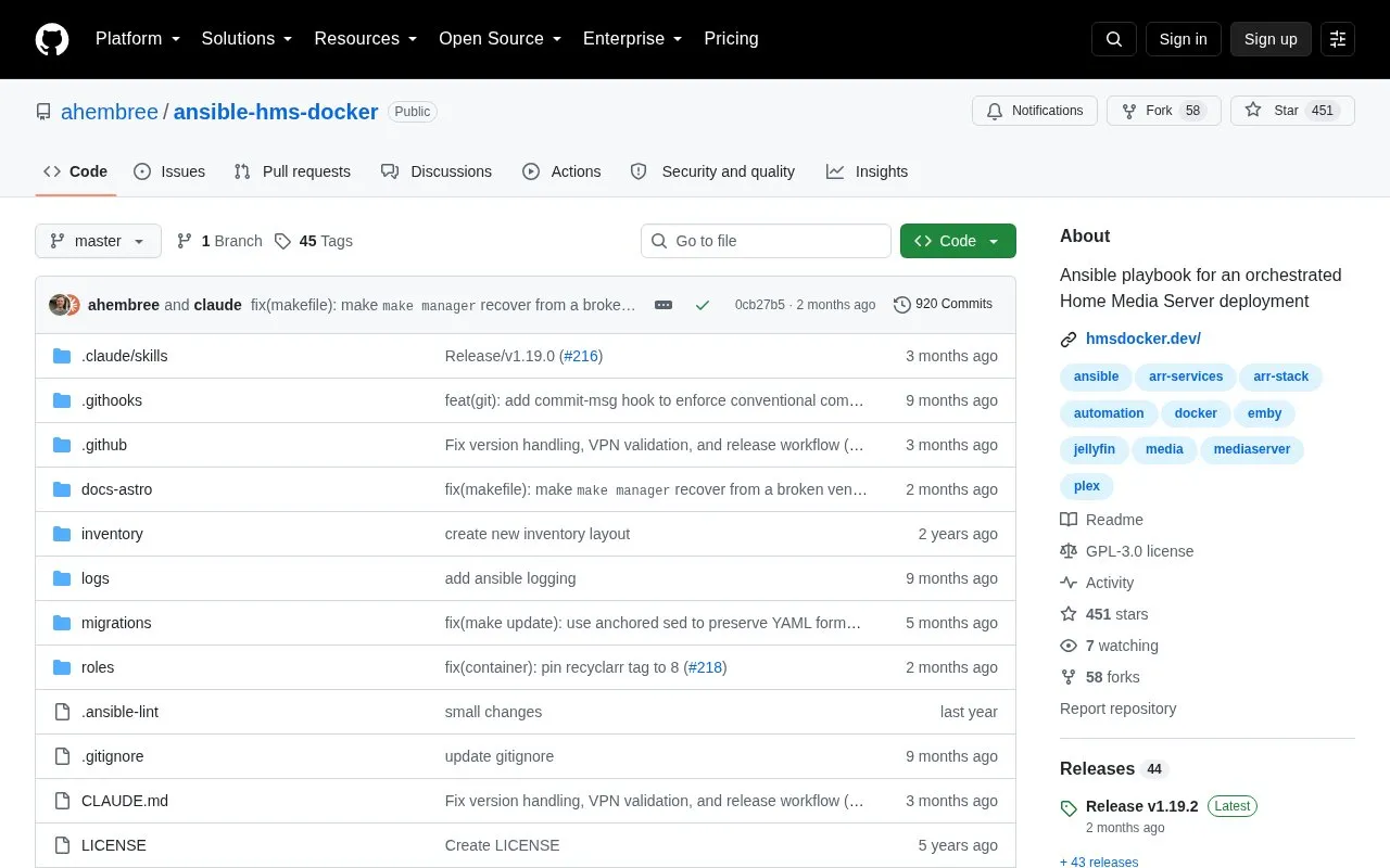 ansible-hms-docker homepage screenshot