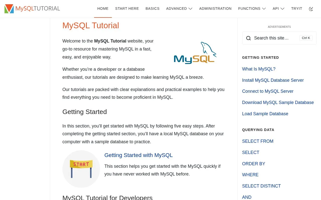 MySQL Tutorial homepage screenshot