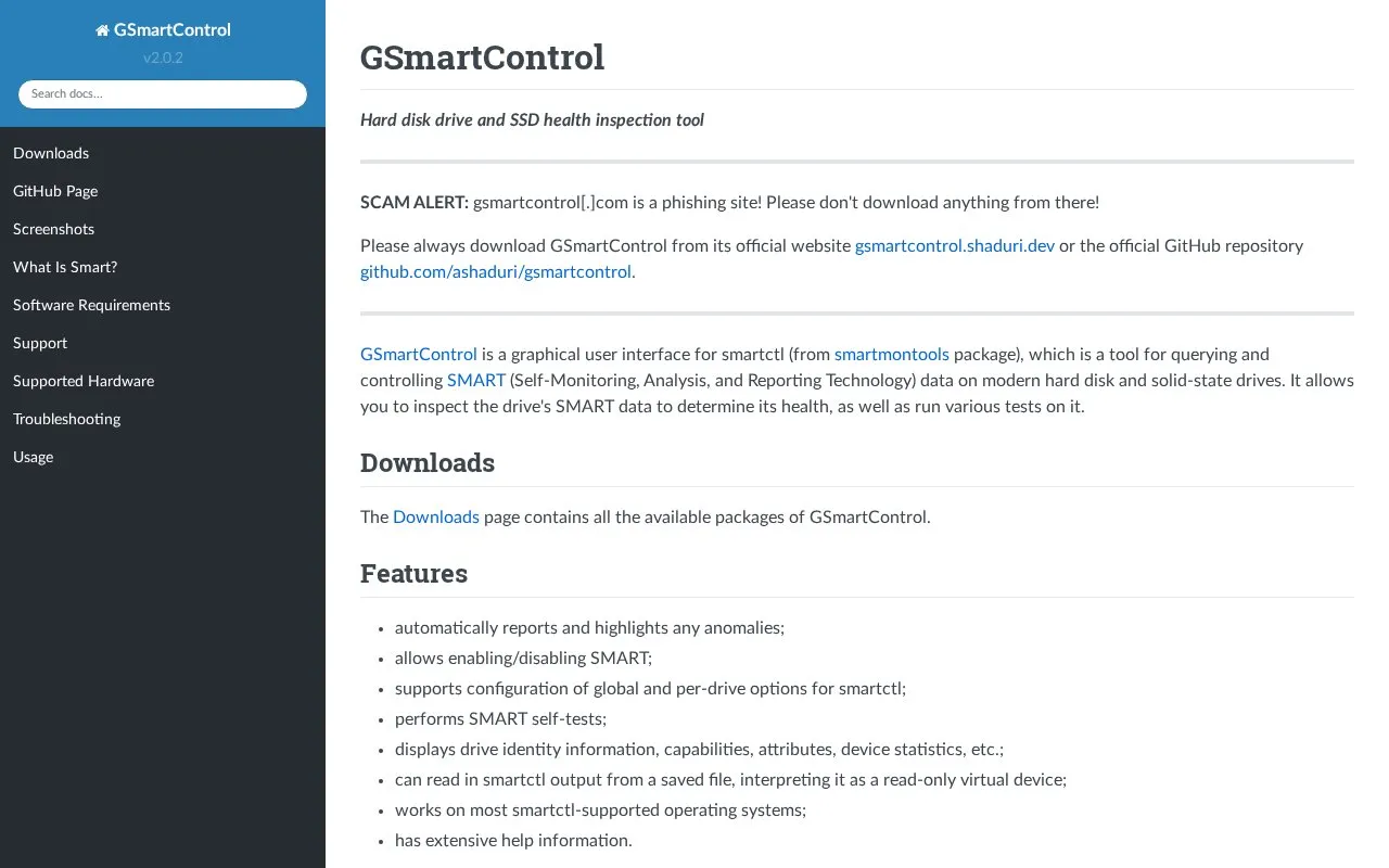 GSmartControl homepage screenshot