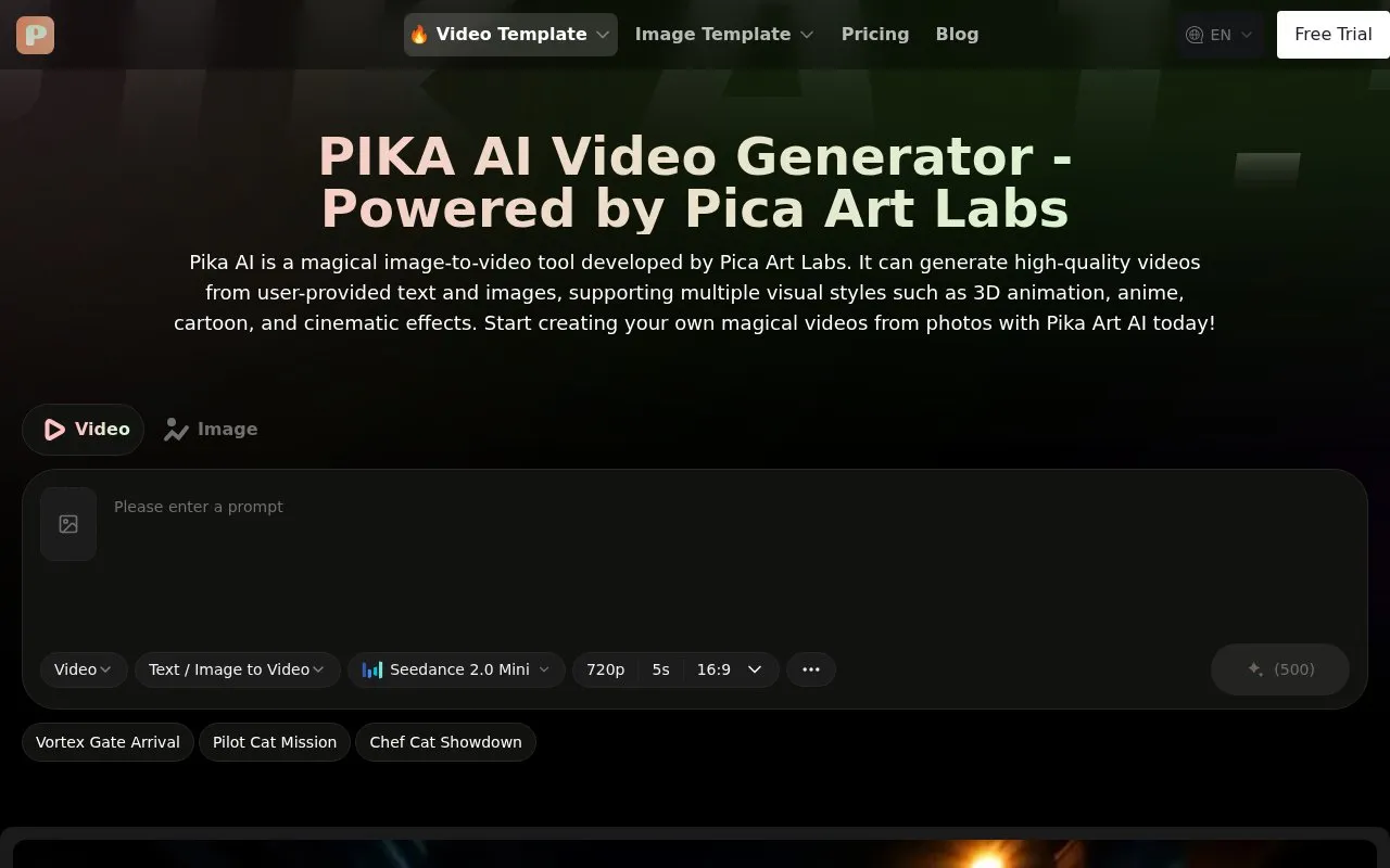 Pika AI homepage screenshot