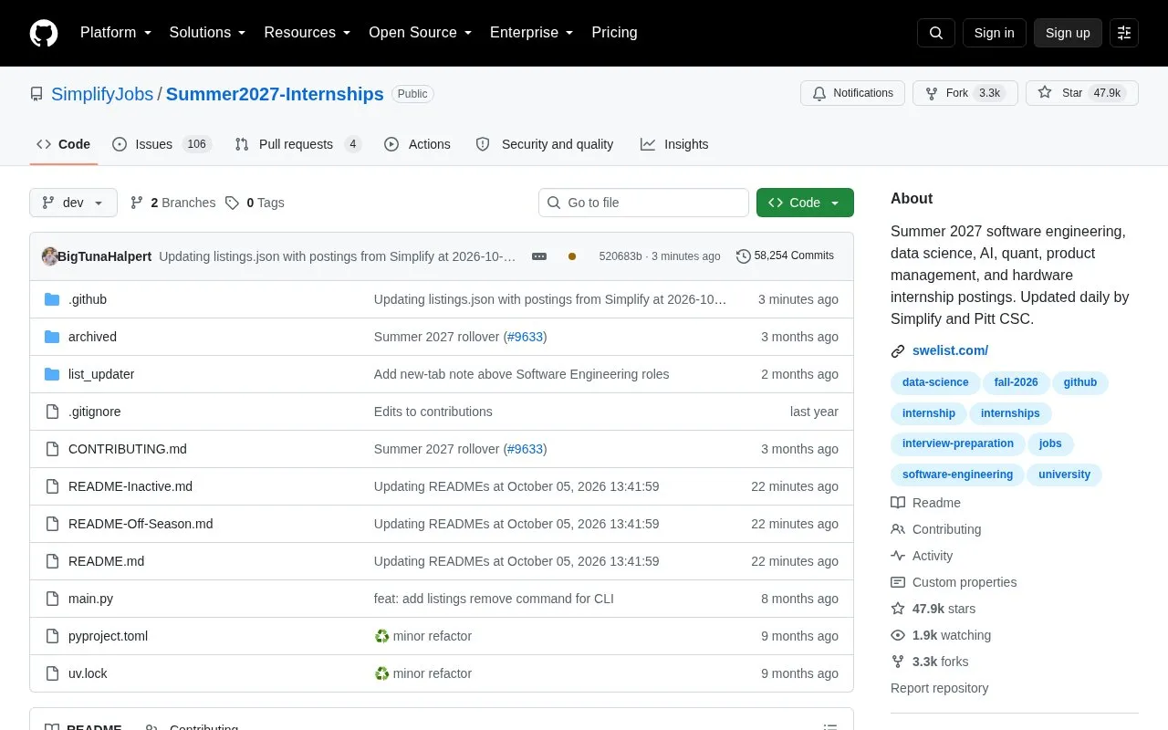 Summer 2026 Internships homepage screenshot