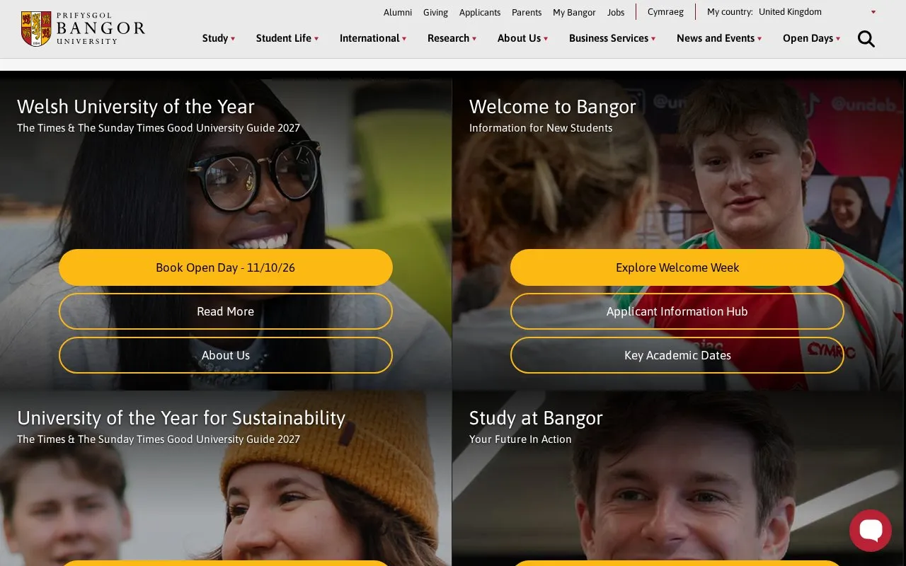Bangor University homepage screenshot