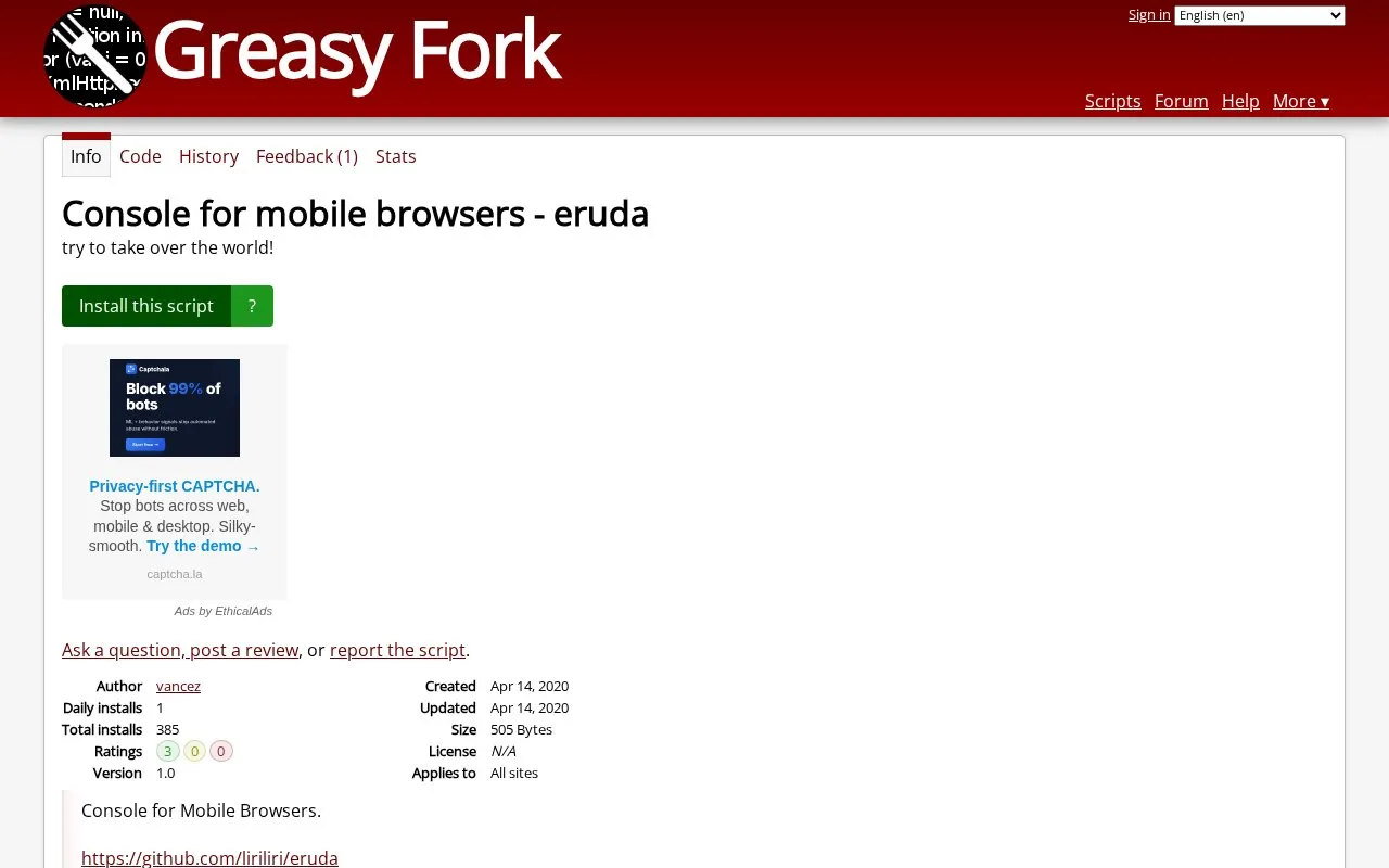 Userscript homepage screenshot