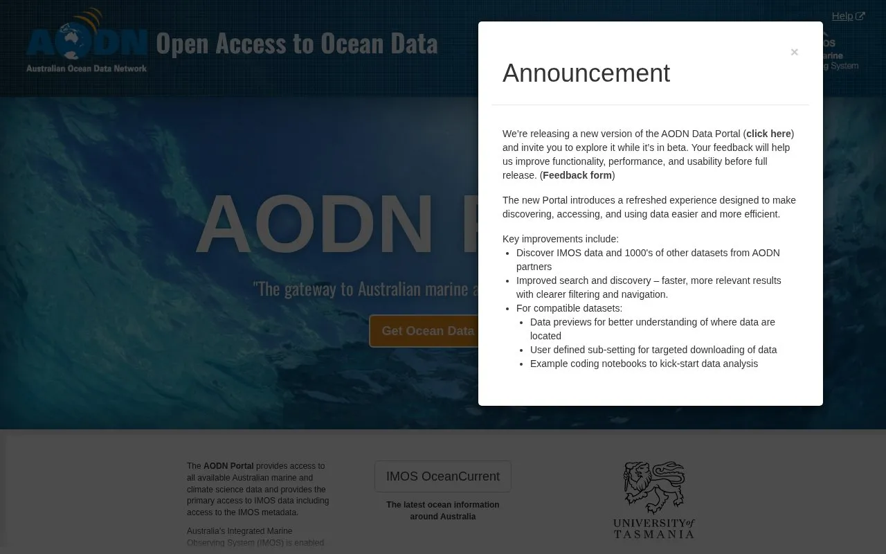 Australian Ocean Data Network Portal homepage screenshot