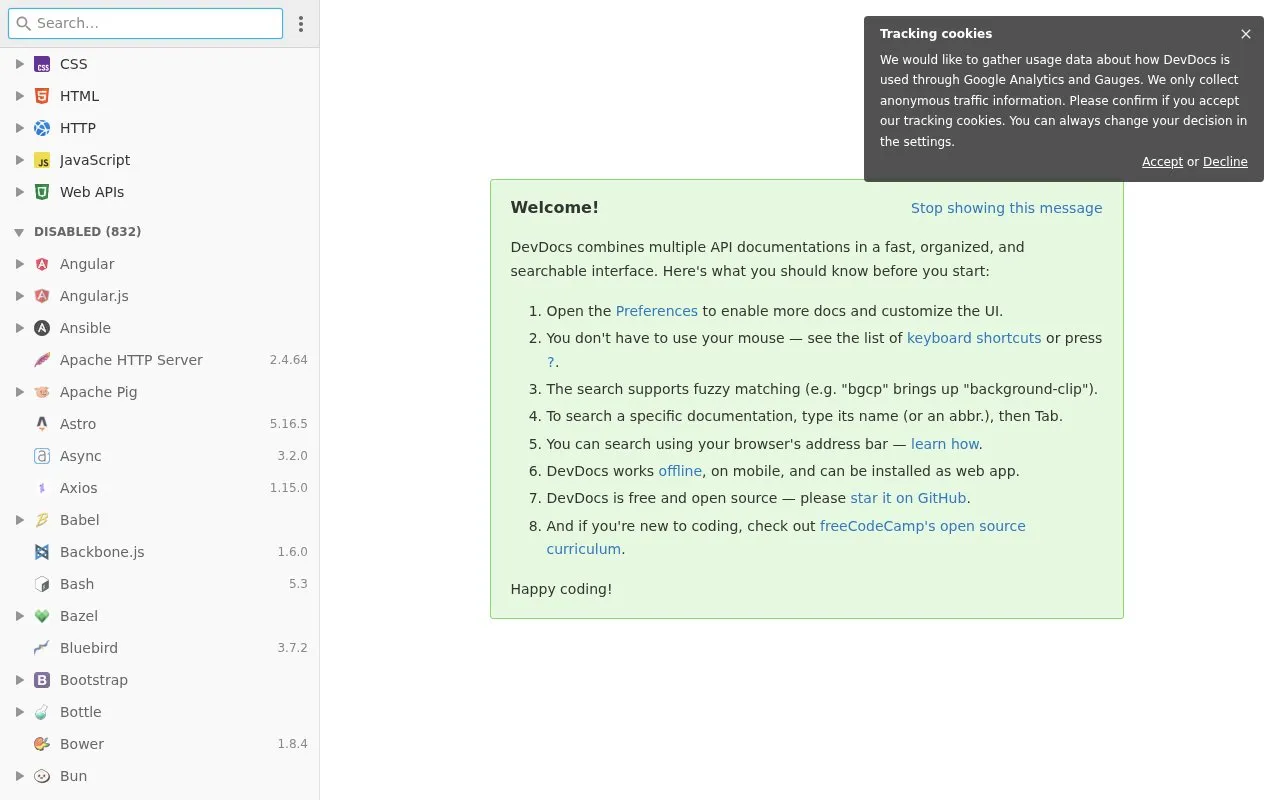 DevDocs homepage screenshot
