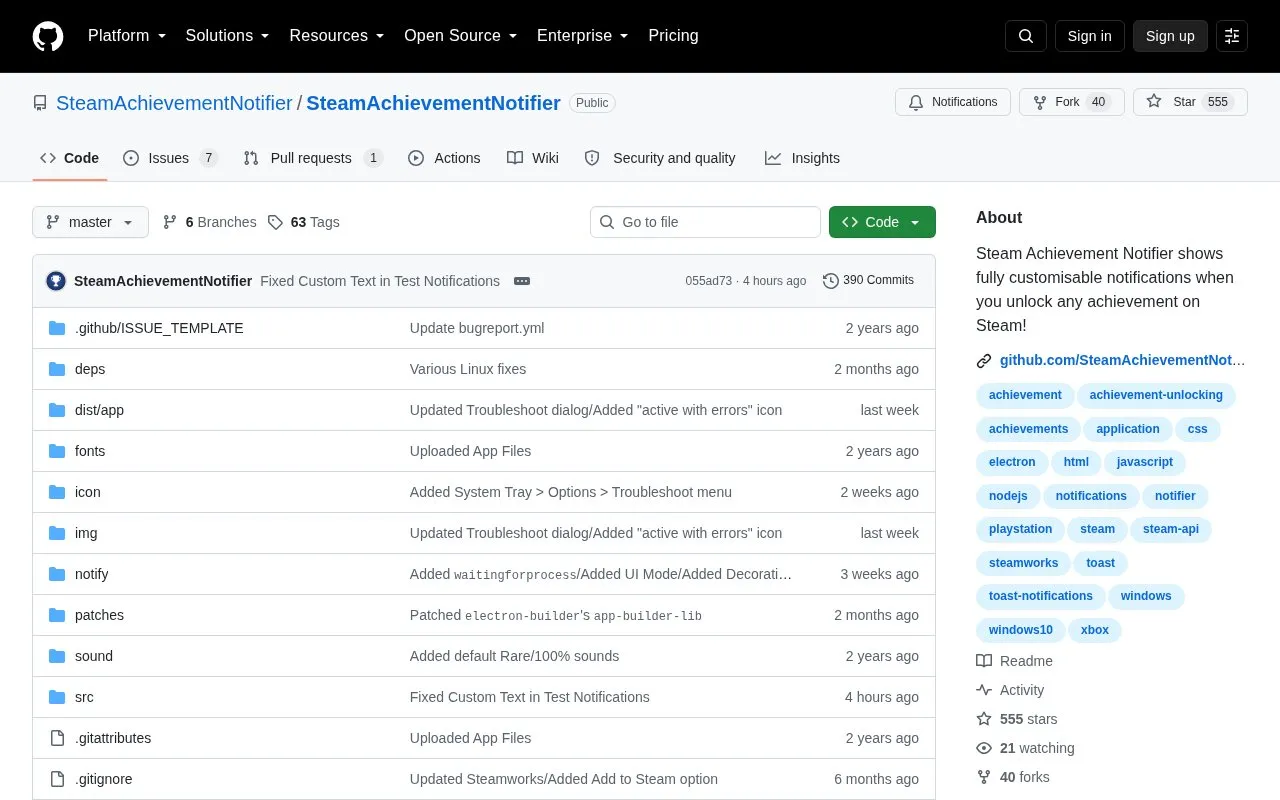 SteamAchievementNotifier homepage screenshot