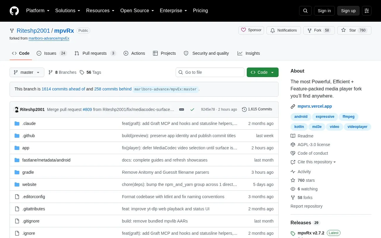mpvRx homepage screenshot
