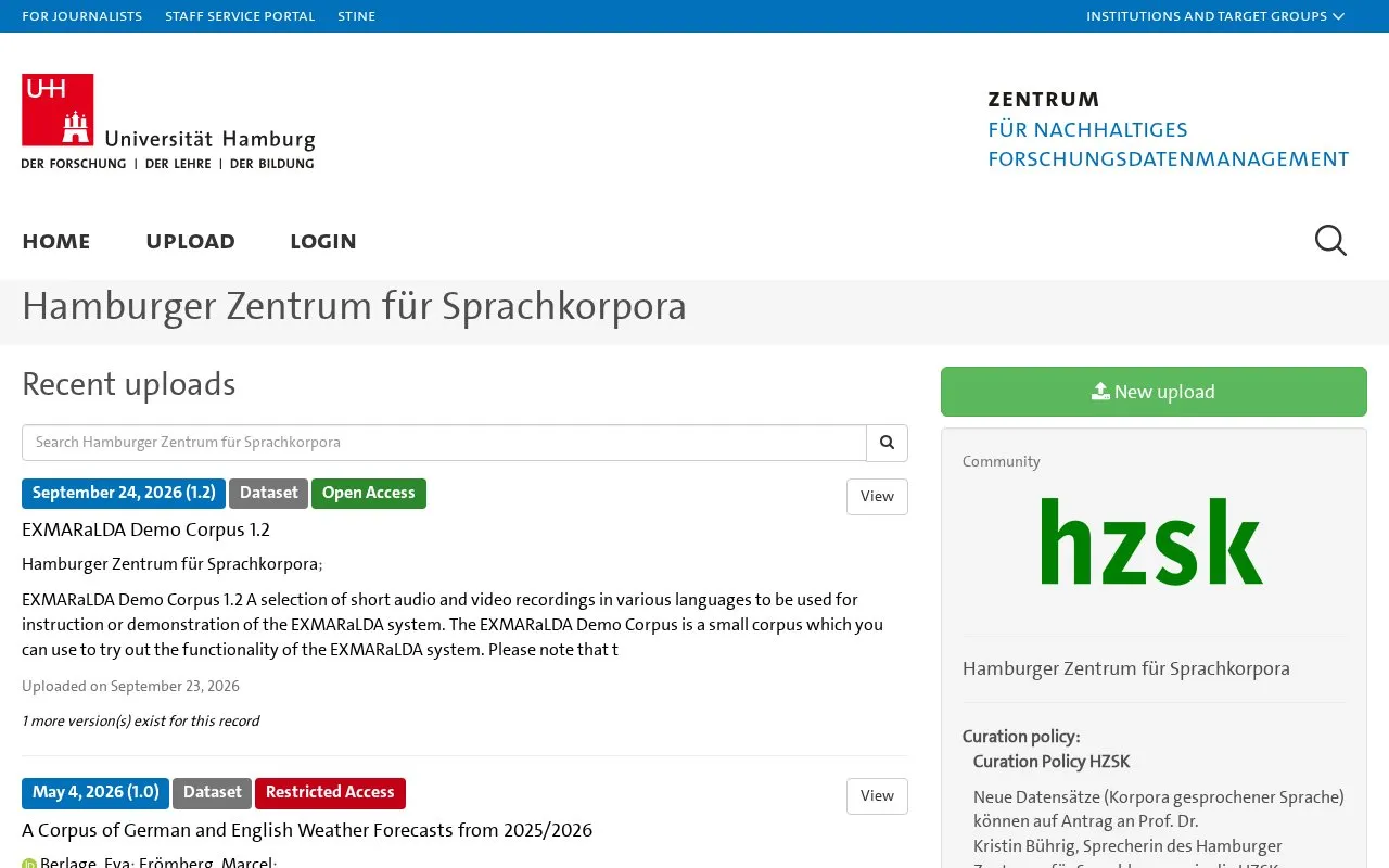 Hamburger Zentrum für Sprachkorpora Korpus Repositorium homepage screenshot