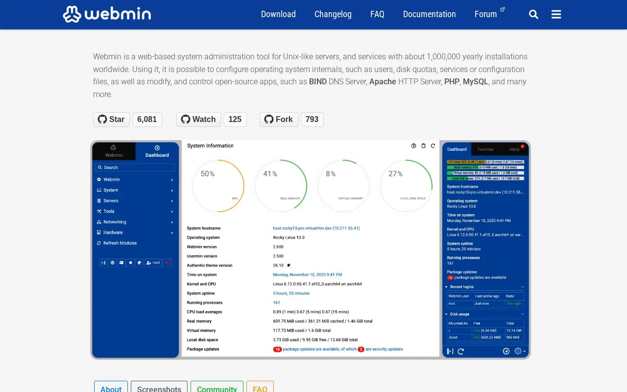 Webmin homepage screenshot