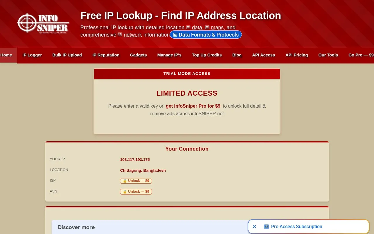 InfoSniper homepage screenshot
