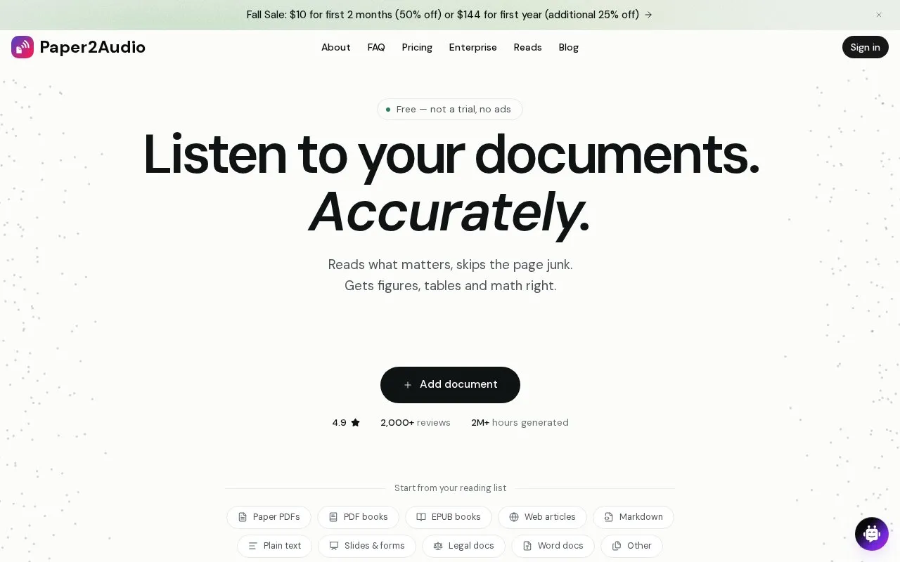 Paper2Audio homepage screenshot