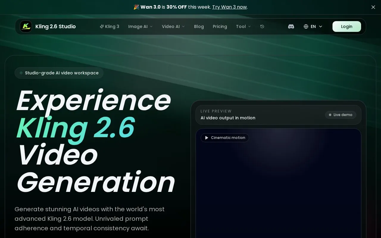 Kling 2.6 Studio homepage screenshot