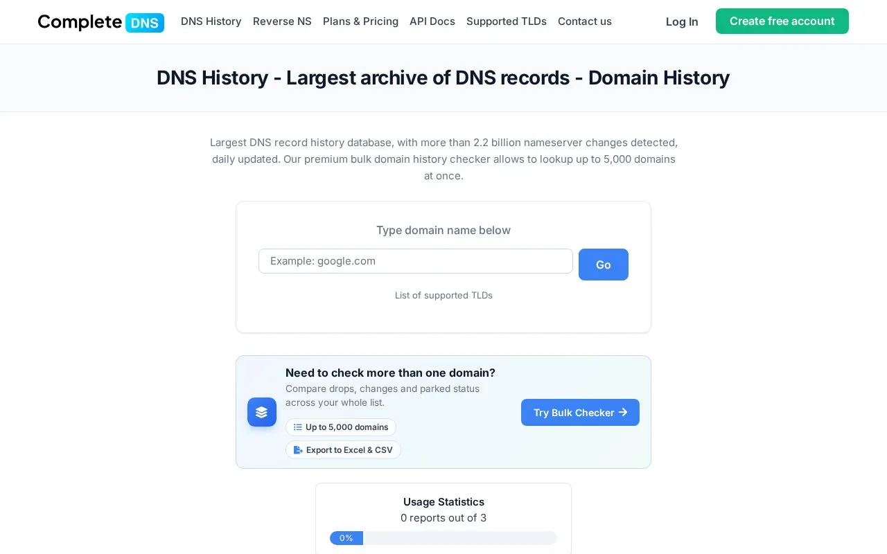 DNS History homepage screenshot