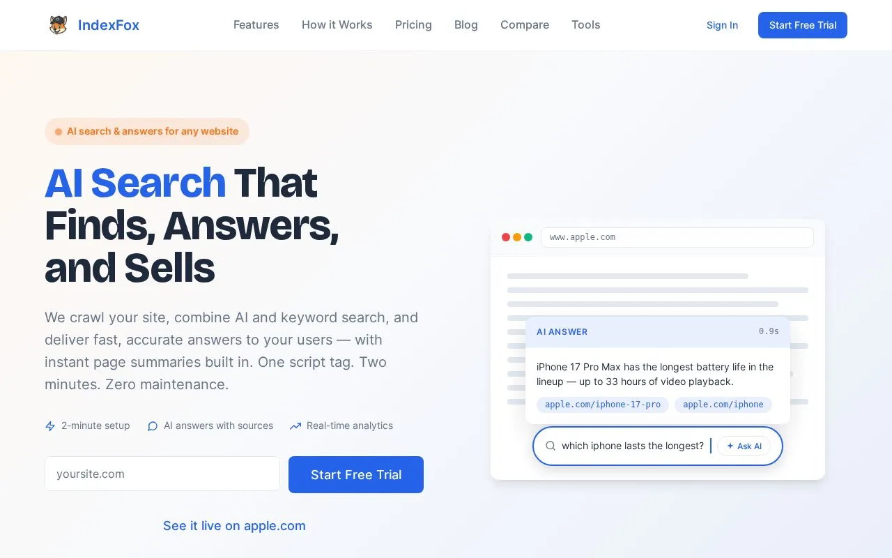 IndexFox homepage screenshot