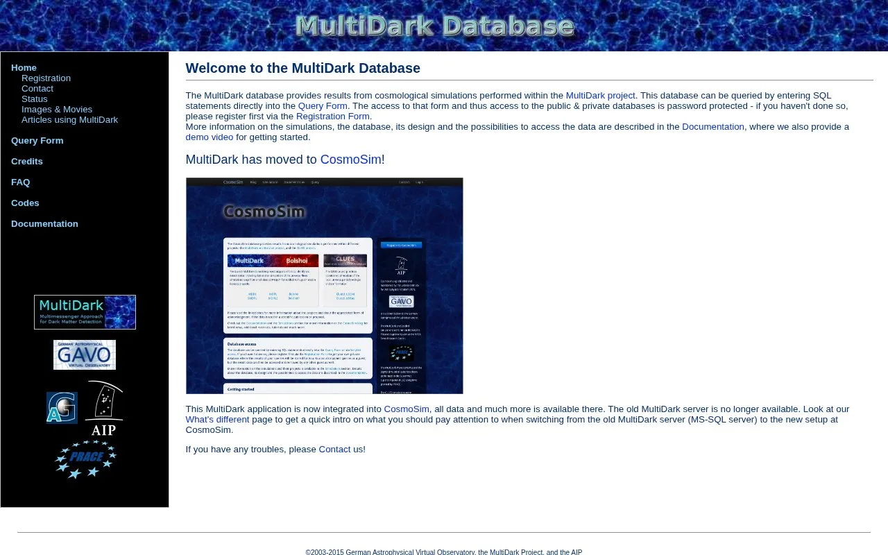 MultiDark Database homepage screenshot