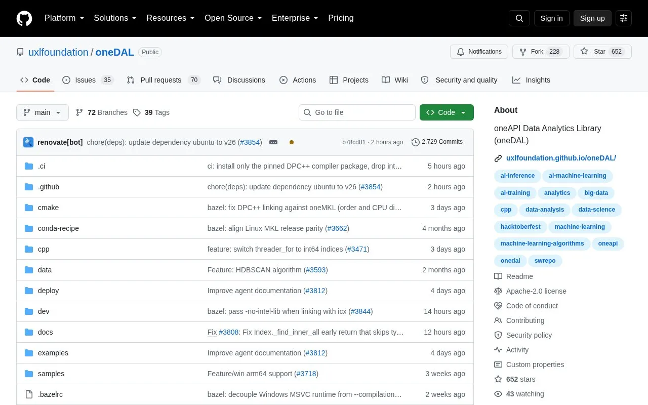 Intel® oneAPI Data Analytics Library homepage screenshot
