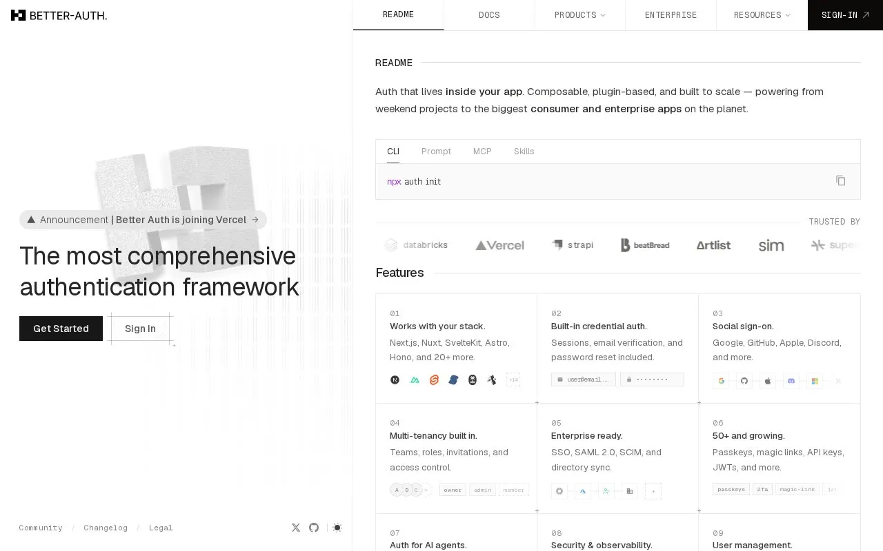 Better Auth homepage screenshot