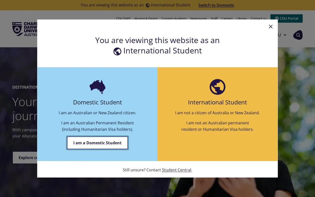 Charles Darwin University homepage screenshot