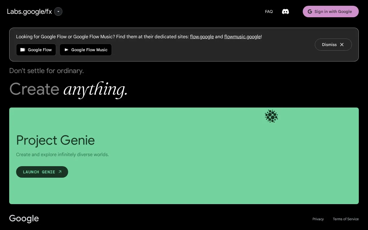 Google Labs FX homepage screenshot