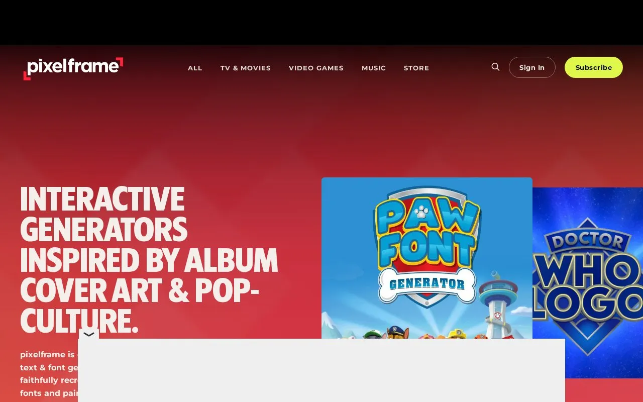 PixelFrame homepage screenshot