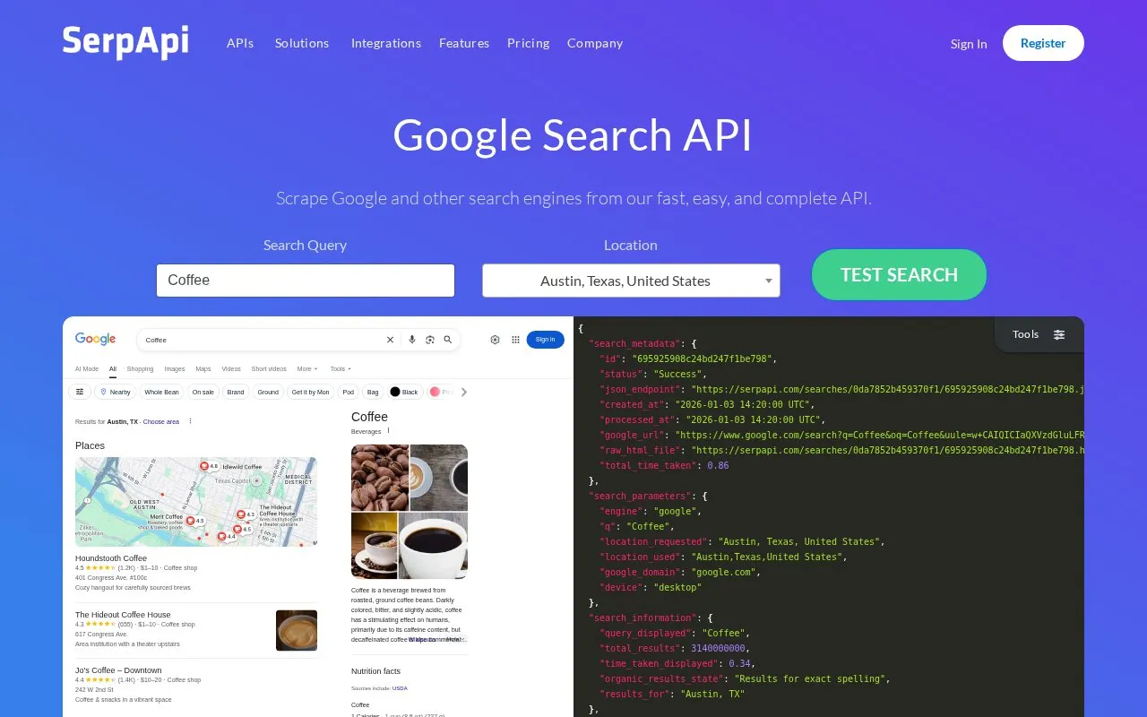 SerpApi homepage screenshot