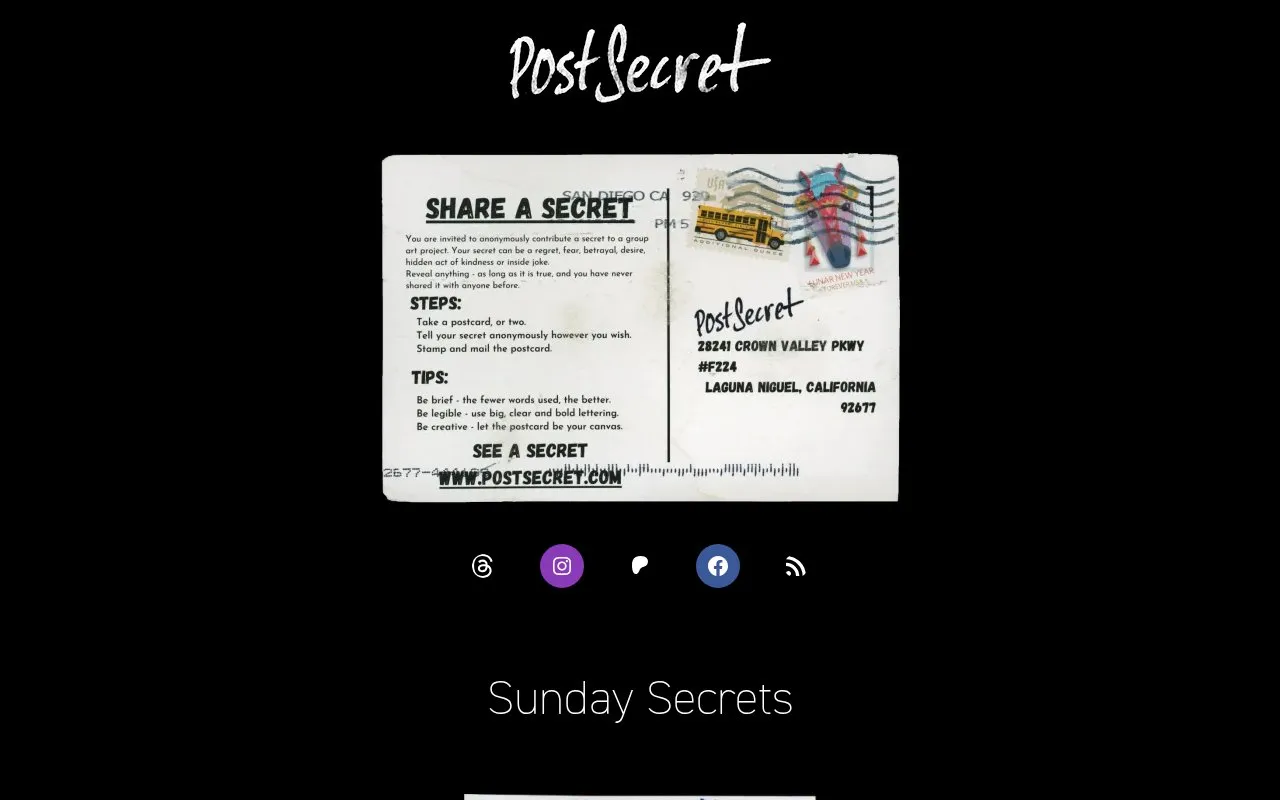 PostSecret homepage screenshot