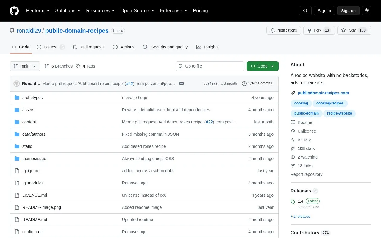Public Domain Recipes homepage screenshot