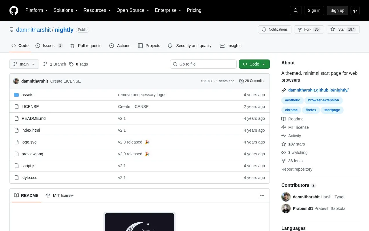 nightly homepage screenshot