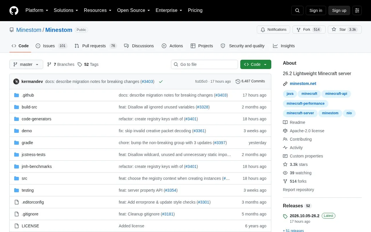 Minestom homepage screenshot
