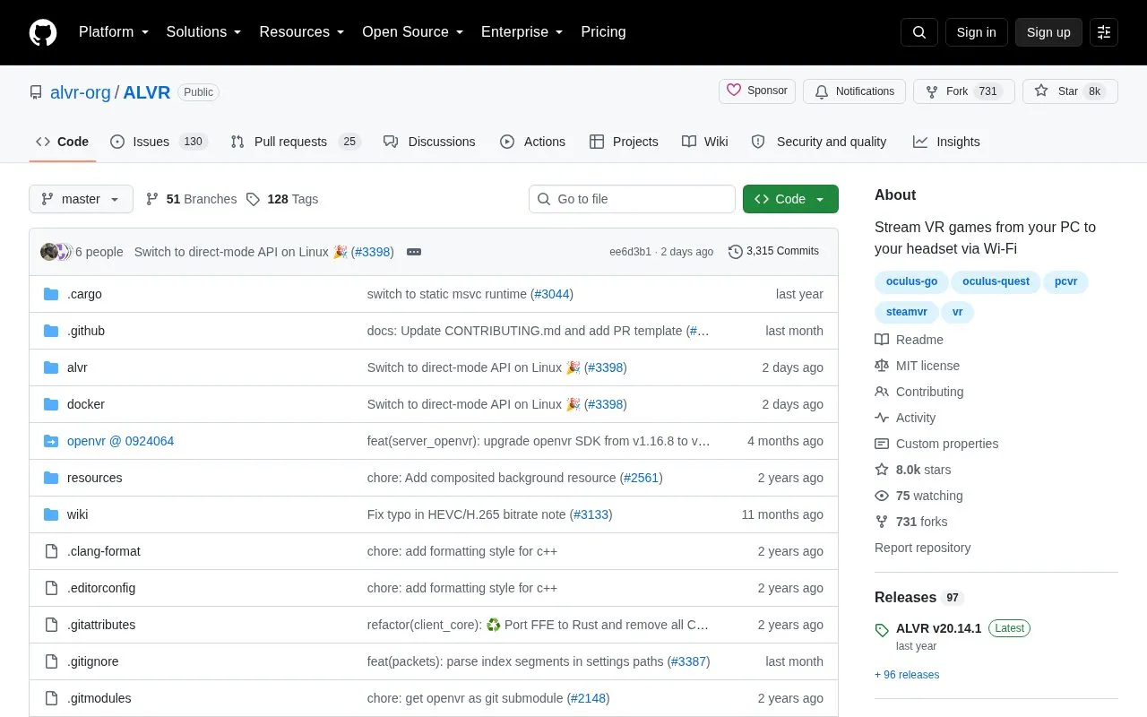 ALVR homepage screenshot
