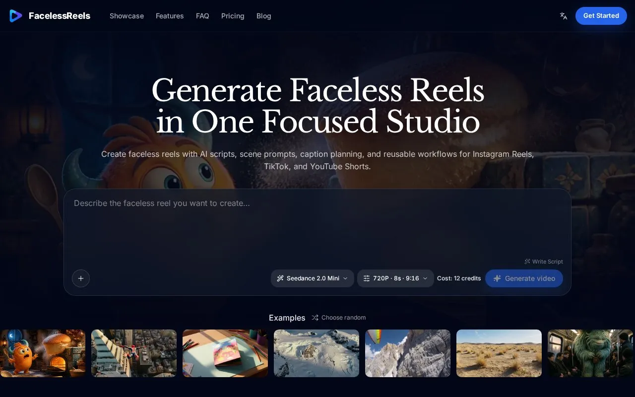 Faceless Reels homepage screenshot