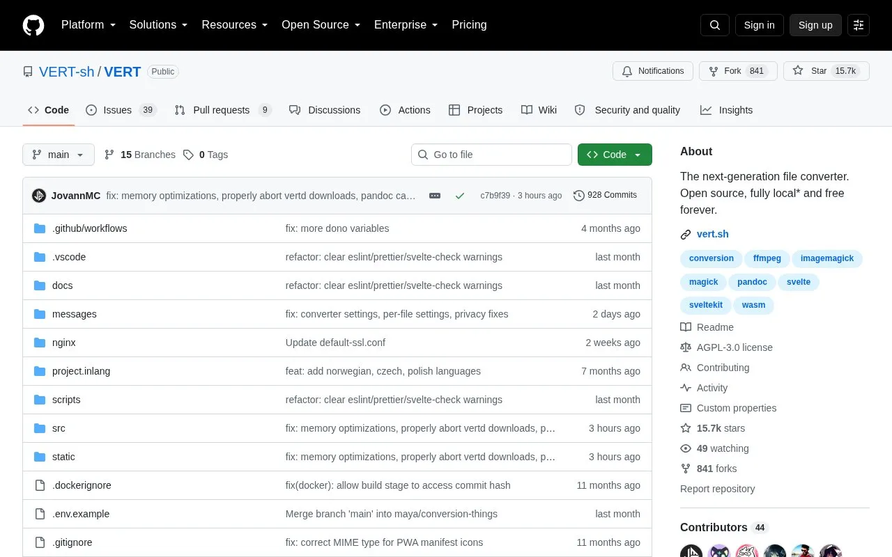 Vert homepage screenshot
